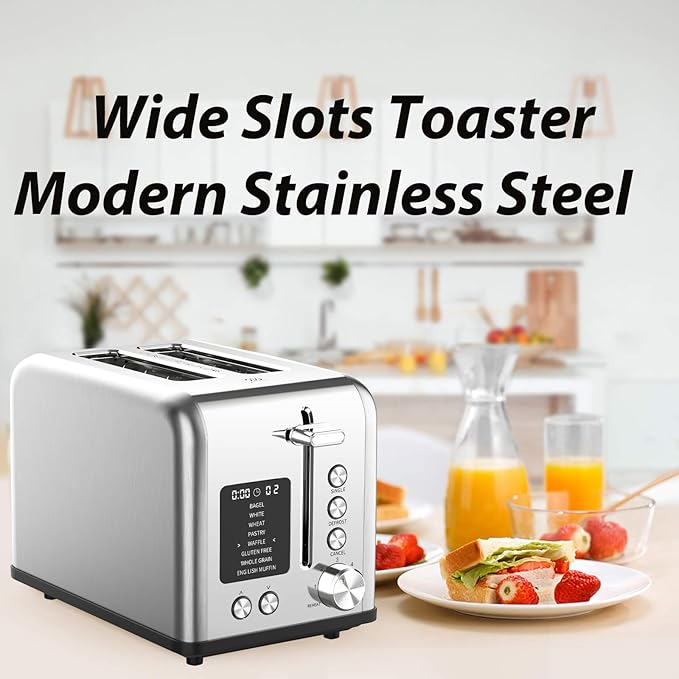 2-Slice Bagel Toaster Stainless Steel with Screen- Single Slice Function for Single-Sided Stuffed Bagel 8 Bread Types 6 Browning Levels LED Countdown Timer Defrost/Reheat/Cancel 825W