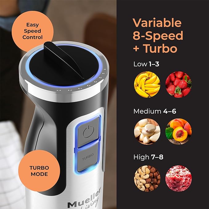 MuellerLiving Ultra-Stick Immersion Hand Blender 500W Heavy Duty Motor 8-Speed Turbo Setting Includes Blending Shaft Whisk Milk Frother &amp Measuring Beaker