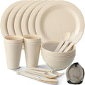 LemonRoad 6 Set College Dorm Dishes Essential Kit Plates and Bowls Back to School Beige Room Dishes Set with Storage Mesh Bag Cup Microwave Dinnerware Picnic for RV Camping