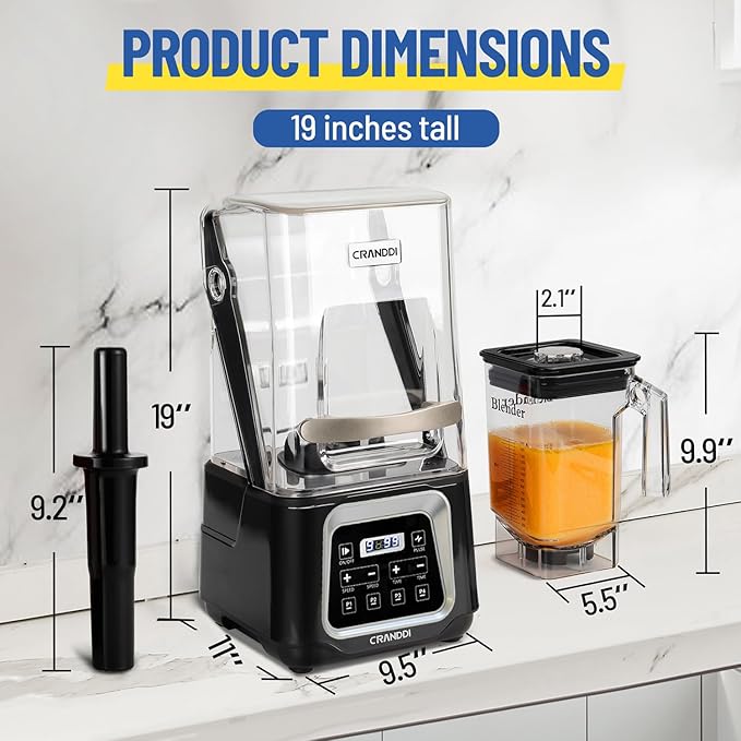 Commercial Blender 2200W CRANDDI Professional Quiet Smoothie Blender with Smart Touch Screen &amp Removable Cover 52oz for Frozen Drinks Juice &amp More 4 Preset Programs K80TS Black