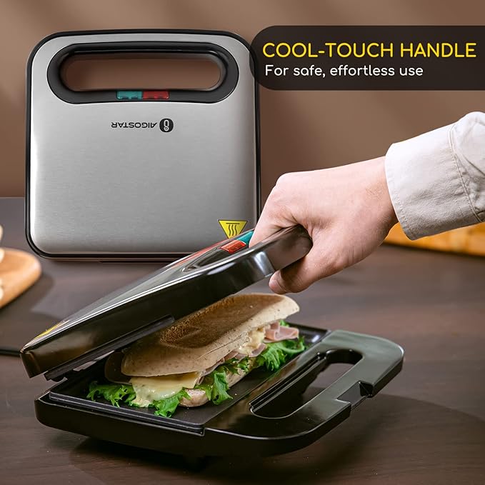 Aigostar Sandwich Maker Non-Stick Panini Press Sandwich Maker Breakfast Grilled Cheese Maker Stainless Steel Tostadora de Pan Toaster 4 Slice Wide Slot Toasters with Bagel Reheat Cancel