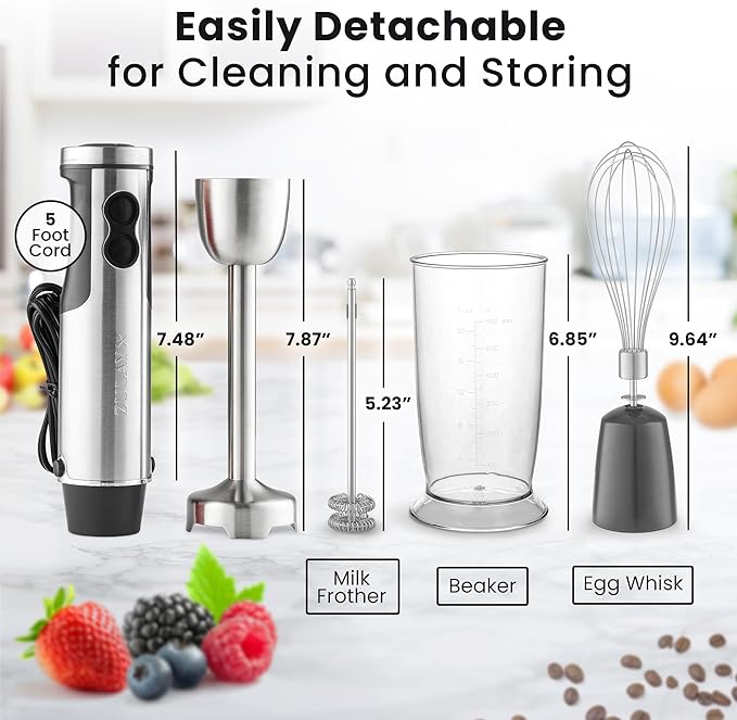 Zulay 4-in-1 Immersion Stick Mixer Hand Blender - 800 Watts 12 Speeds 5-ft Power Electric Cord Handheld Portable Stainless Steel Blades - With Whisk Frother &amp Stick Blender Attachments - Gray
