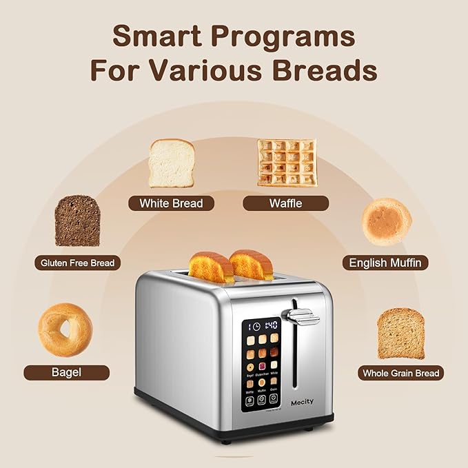 Mecity 2 Slice Toaster Touch Screen 1.5 Wide Slot Stainless Steel Smart Bread Toaster for Bagel Muffin Waffle Gluten Free Breads Timer Defrost Reheat 120V 825W