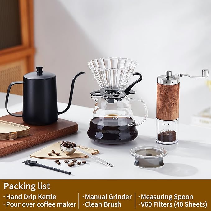 Unbreakable Pour Over Coffee Maker Set – 6-Piece Set with Coffee Maker Hand Coffee Grinder Hand Drip Kettle V60 Filters (40 Sheets) and Measuring Spoon – Perfect for Home Brewing and Travel