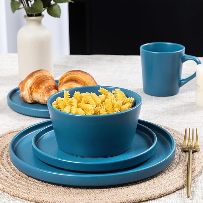 Plates and Bowls Sets for 4 - CJDC-QUELO 16 Piece Stoneware Dinnerware Sets with Mugs Ceramic Dishware Sets for Kitchen Dining Use Chip and Scratch Resistant Microwave Dishwasher Safe Blue