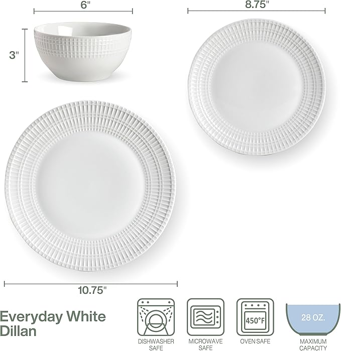 Everyday White Dillan 12 piece Dinnerware Plate Bowl Set Service for 4