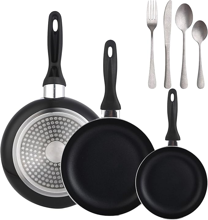 Wellhome 3 Piece Pressed Aluminium Pan Set 16/20/24 + 16 Piece Stainless Steel Cutlery Set