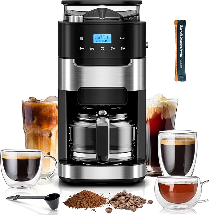 Kismile 10-Cup Digital Drip Coffee Maker with Built-In Grinder Programmable 12H Timer Keep-Warm Function Customizable Strength &amp Grind Size Coffee Machines with Smart LED Touchscreen