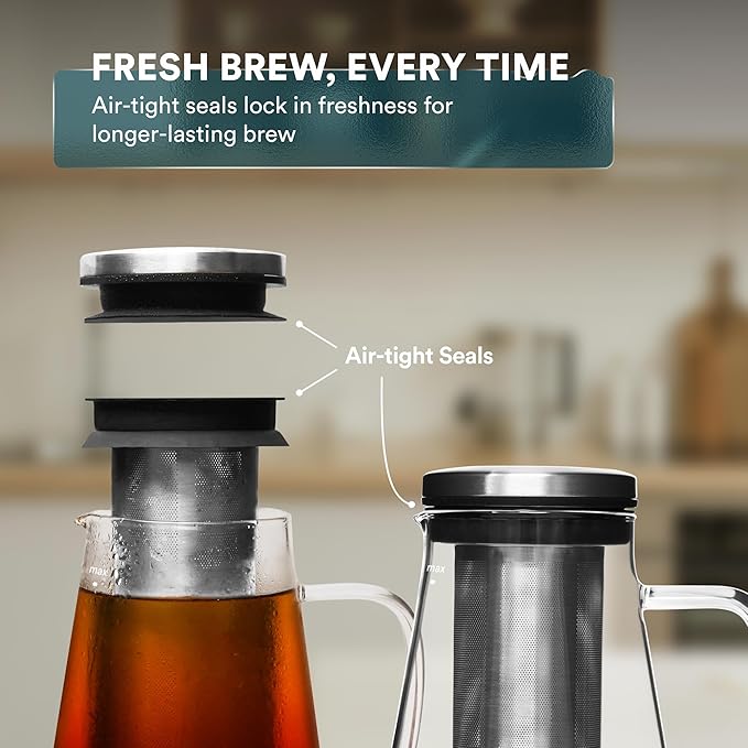 OVALWARE Airtight Cold Brew Iced Coffee Maker Pitcher (&amp Iced Tea Maker) with Spout – 1.5L/ 51oz Brewing Glass Carafe with Removable Stainless Steel Filter