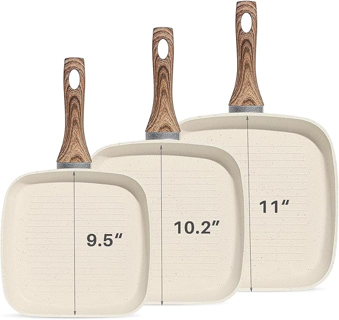 DUMOS 3 Pcs Grill Pans Set Nonstick Square Frying Pan Skillet Set with Stay Cool Handle &amp PFOA Free Compatible with All Stovetops (9.5 10 11) Light White