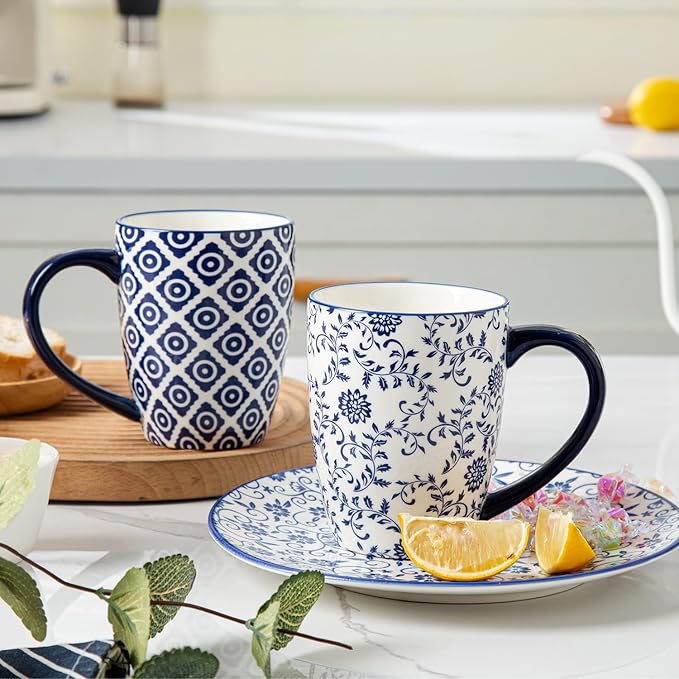 24 Pieces Ceramic Dinnerware - 12 Oz Dessert Bowls and 8.5 Inch Salad Plates and 24 Oz Cereal Bowls and 16 Oz Coffee Mugs Sets - Service for 6 - Vintage Blue