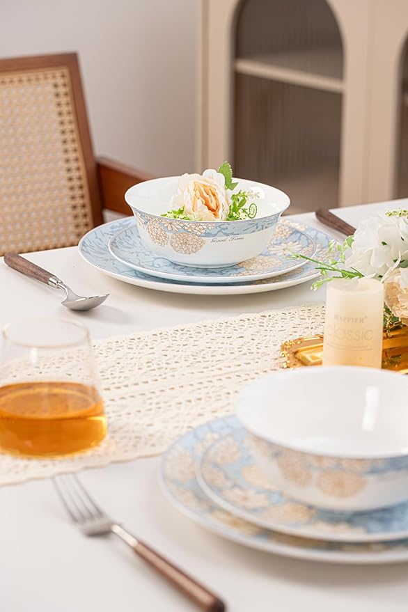 High Bone China Dinnerware Set 12-Piece Artistic Blue Plates and Bowls Lightweight &amp Chip Resistant Ceramic Service for 4 Dishwasher Safe Elegant Kitchen Dining