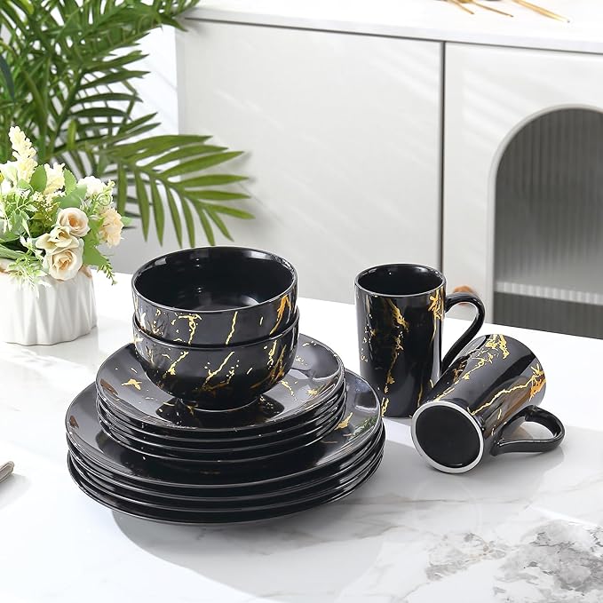 Modern Porcelain 16 Piece Black Dinnerware SetPlates and Bowls SetsGold Dish Set for 4Black Dinnerware SetDinner Sets with Dinner Plates