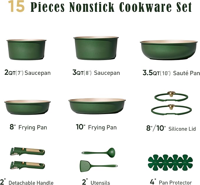 CAROTE Green&ampGold Nonstick Cookware Set15Pcs Pots and Pans Set Non Stick Detachable/Removable HandleKitchen Cooking Set Dishwasher Safe RV Kitchen Pot and Pan Induction Cookware