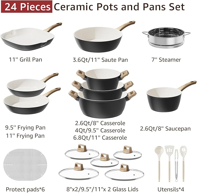 24Pcs Pots and Pans Set Non StickCeramic Cookware Set with Titanium-Reinforced Nonstick CoatingLong-LastingPFAS-FreeInduction CompatibleFull Kitchen Set with 3 Stock Pots for Family CookingBlack