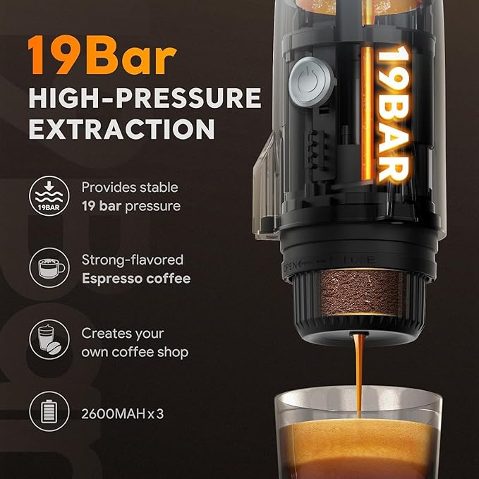 Portable Electric Espresso Machine 3-in-1 Self-Heating Coffee Maker for Travel &amp Camping 19 Bar Pressure Compatible with Ground Coffee &amp NE-SPRESSO/Do-lce Guto Pods Bright White