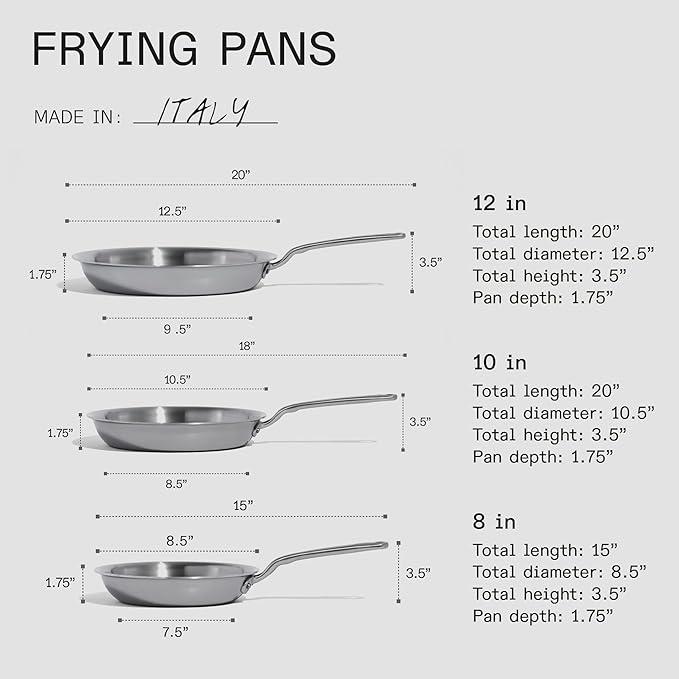 Made In Cookware | 3-Piece Stainless Clad Frying Pan Set with Universal Silicone Lid | 5 Ply Stainless Clad | Professional Cookware | Crafted in Italy | Induction Compatible
