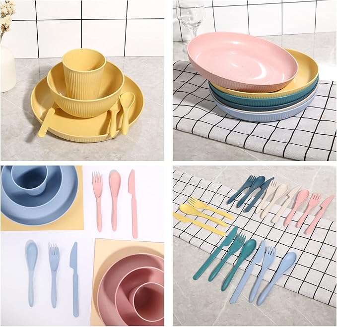 Wheat Straw Dinnerware Sets -DAPIPIK 36 Piece Unbreakable Dinnerware Sets for 6 Wheat Straw Plates and Bowls Set Lightweight Camping Plates Cups and Bowls Set.Dishwasher Microwave Safe Dinnerware
