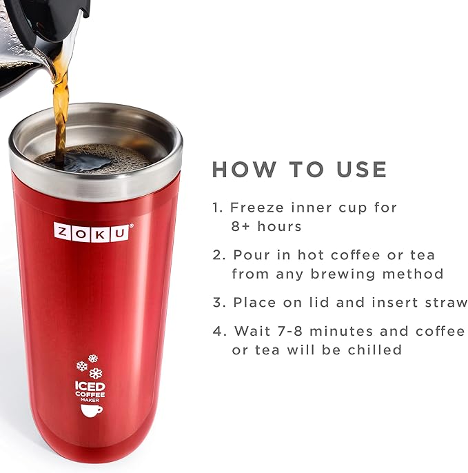 Zoku Instant Iced Coffee Maker Reusable Beverage Chiller Cools Hot Beverages in Minutes Without Dilution Portable 11-ounce Tumbler With Spill-resistant Lid and Straw Red