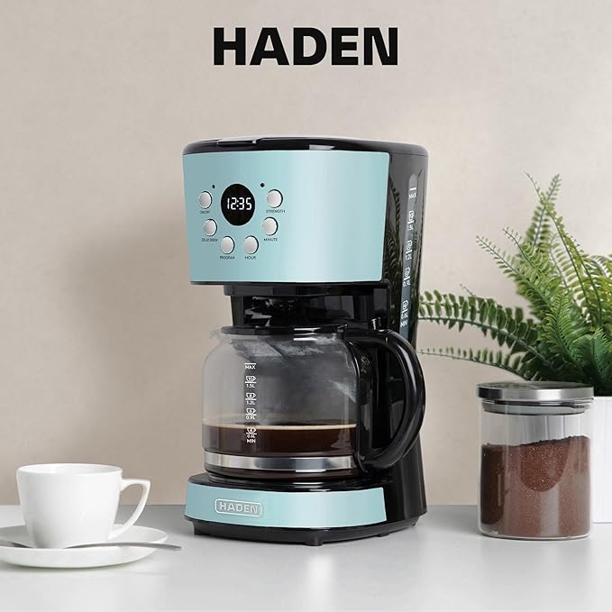 HADEN Coffee Machine 12 Cup Drip Coffee Maker Bundled with Heritage 1.7 Liter Stainless Steel Electric Kettle Turquoise &amp Chrome