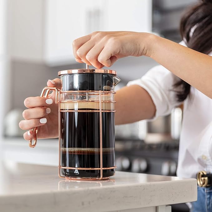 French Press and Tea Maker - 1000ml Coffee Maker Press - Premium Coffee Press with Rose Gold Finish - Thick Glass and Stainless Steel Coffee Brewer - French Press Coffee Maker for Tea Latte Expresso