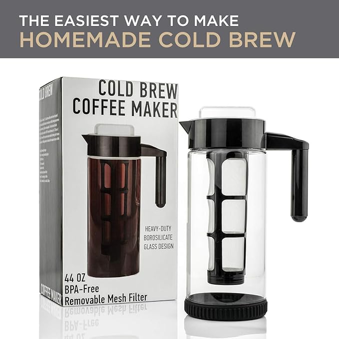 Willow &amp Everett Cold Brew Coffee &amp Iced-Tea Maker Pitcher 1.3 L Glass Dispenser Metal &amp Plastic Lid Mesh Filter Iced Coffee &amp Sun Tea Brewing System