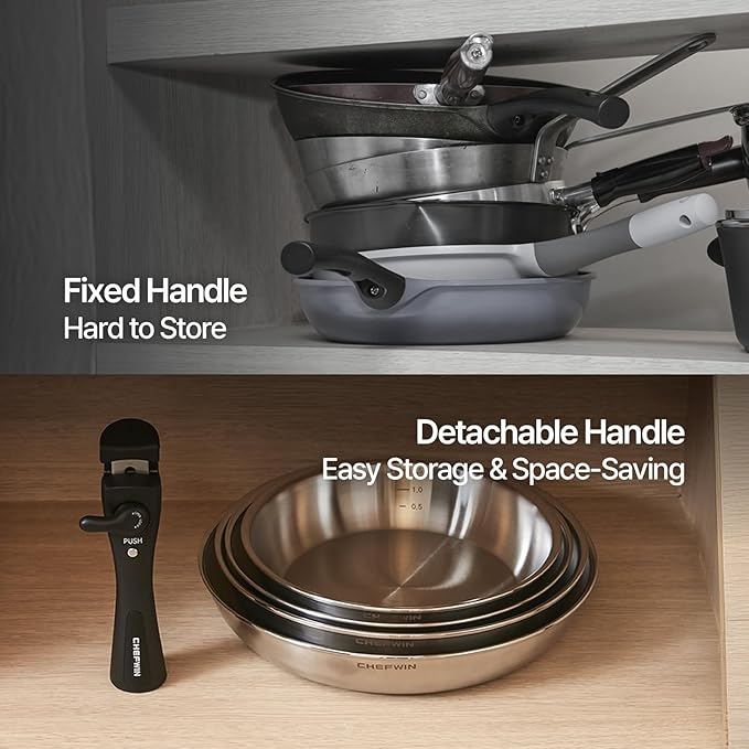 316 Stainless Steel Removable Handle Cookware 5-Ply Stackable Cookware Set 6-Piece Pans with Universal Lid Induction Compatible Oven &amp Dishwasher Safe