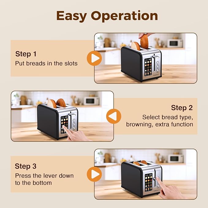 2 Slice Easy Touch Screen Toaster Stainless Steel Toaster with Wide Slots Even Toasting for Bagels &amp Bread Reheat &amp Defrost Removable Crumb Tray Matt Black
