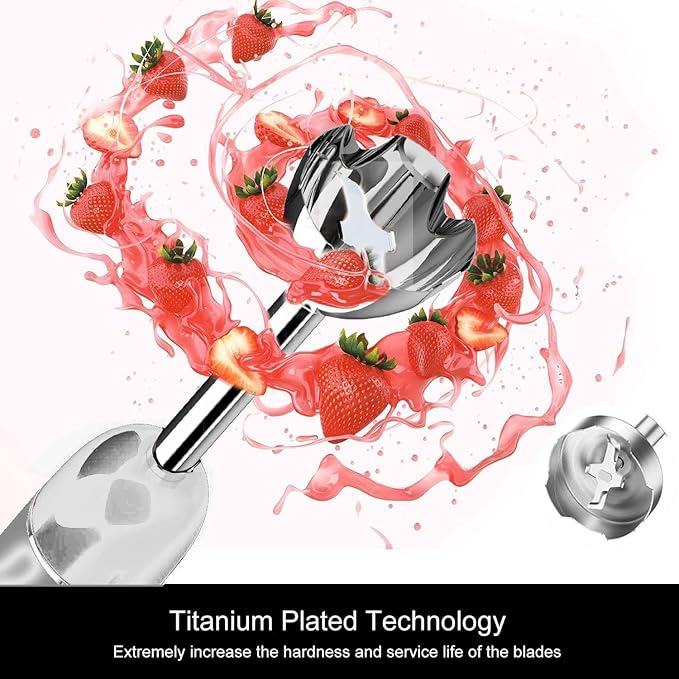 MegaWise Pro Titanium Reinforced 3-in-1 Immersion Hand Blender Powerful Copper Motor with 80% Sharper Blades 12-Speed Corded Blender Including Dish Washer Safe Whisk and Milk Frother