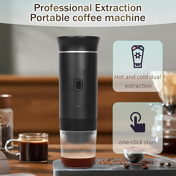 3-in-1 Portable Coffee Maker Self-Heating Espresso Machine USB Rechargeable Travel Coffee Maker Compact for Office Travel Camping - Black