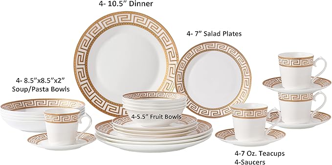 Lorren Home Trends 24 Piece Bone China Dinnerware Set with Gold Greek Key Design Service for 4 White