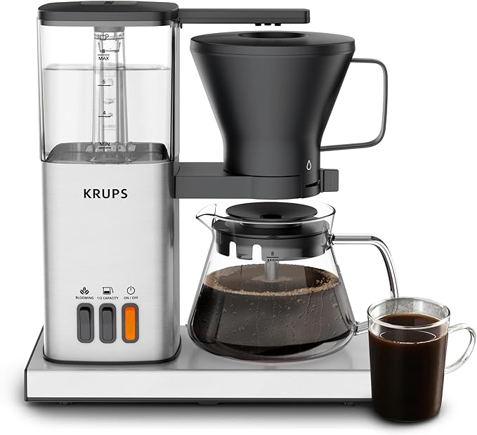 KRUPS Essential Brewer 8 Cup Drip Coffee Maker Machine SCA-Certified Blooming Technology Barista-Quality Pour Over Coffee Machine Easy to Clean Stainless Steel Design Silver