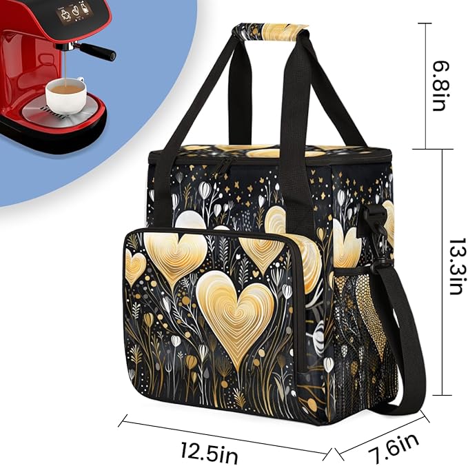 Black Gold Heart Coffee Maker Carrying Bag Portable Travel Storage Tote Bag Compatible with K-Mini or K-Mini Plus Single Serve Coffee Brewer Carrying Case with Multiple Pockets &amp Shoulder Strap