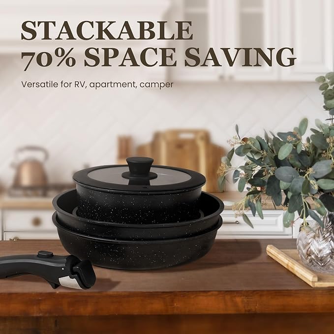 KIKCOIN 20 Pcs Pots and Pans Set Non Stick Detachable Handle Cookware Sets Nonstick Non Toxic Induction RV Kitchen Cooking Set with Removable Handles Dishwasher/Oven Safe Easy Clean (Black)