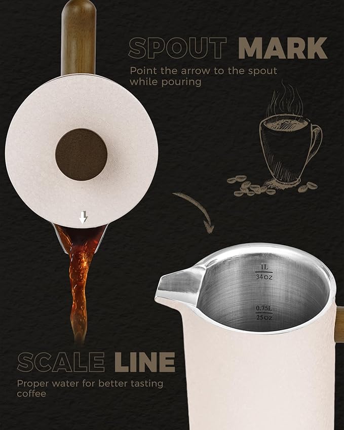 POLIVIAR French Press Coffee Maker 34 Ounce Coffee Press with Real Wood Handle Double Wall Insulation &amp Dual-Filter Screen Food Grade Stainless Steel for Good Coffee and Tea JX2023-FPLM