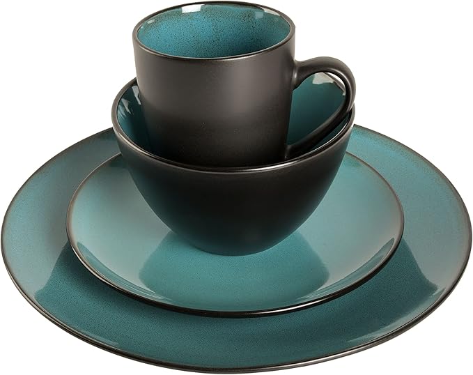 Gibson Elite Soho Lounge 16-Piece Round Reactive Glaze Stoneware Dinnerware Set Service for 4 – Teal Plates and Bowls