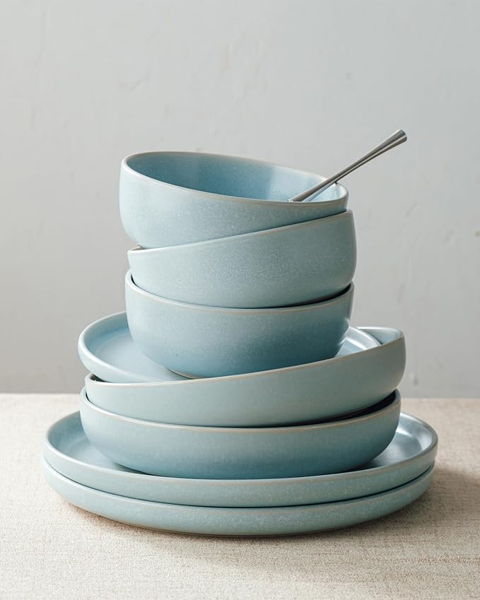 Famiware Milkyway Plates and Bowls Sets 12 Pieces Dinnerware Sets Reactive Glaze Dish Set Stoneware Dishes Set for 4 Light Blue