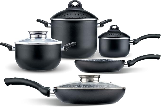 Pensofal Biostone Set 9 Pcs 2 Frypans 20-26Cm and 1 Pastasì 5 Lt Family and 1Saucepan 2 Handles 20Cm 1 Glass Lid 26Cm-Diameter 30 cm Aluminium Black