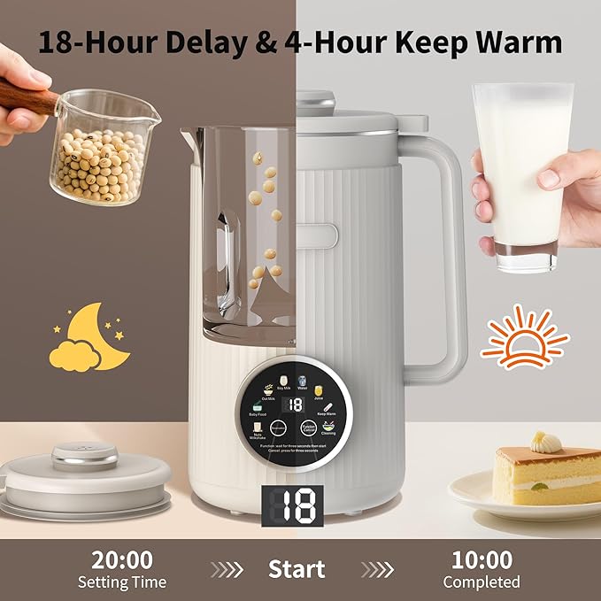 35oz Nut Milk Maker Machine: 8-in-1 Soy Milk Maker with Auto Clean &amp 20-Blade - Multi-Function Nut Milk Machine with Self-Cleaning Auto Shutoff for Vegan Drink (White)