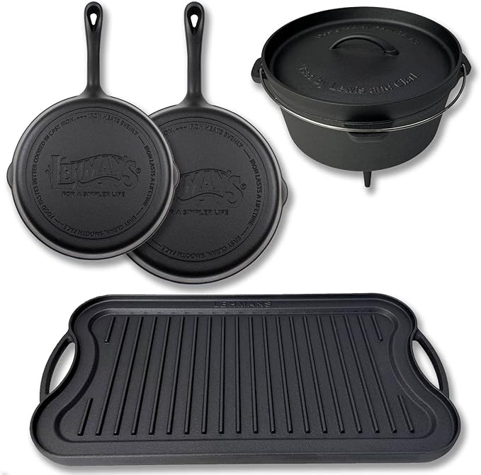 Lehman's Campfire Cooking 4-Piece Set Nitrided Dutch Oven Skillets and Griddle