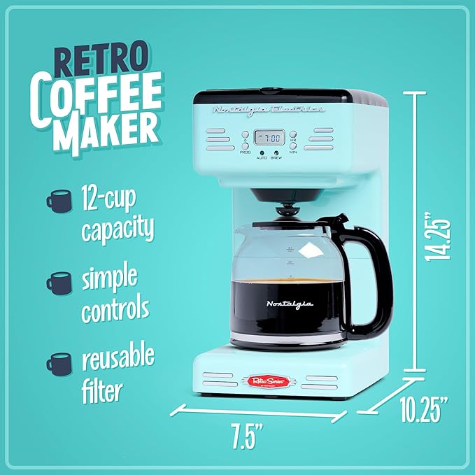 Nostalgia Retro 12-Cup Programmable Coffee Maker With LED Display Automatic Shut-Off &amp Keep Warm Pause-And-Serve Function Aqua