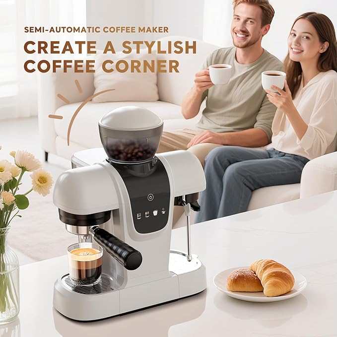 20 Bar Espresso Machine with Grinder &amp Steam Wand - Semi Automatic Coffee Maker NTC Intelligent Temp Control 58mm Stainless Steel Portafilter One-Touch Panel for Home Barista (Removable Water T