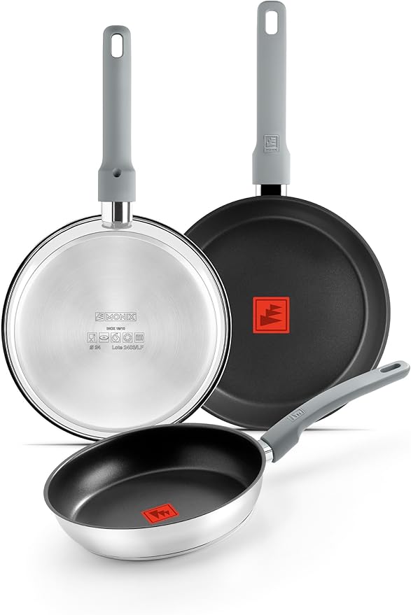 Monix Elite Non Stick Set of 3 Frying Pans 20-24-26 cm 18/10 Stainless Steel Three-Layer Non-Stick Coating PFOA-Free TherMonix Temperature Display Ergonomic Soft Touch Handle