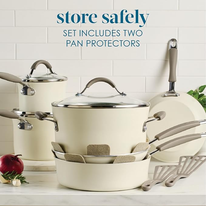 Rachael Ray Cucina Ceramic Cookware Set - 13 Pieces - Ceramic Pots and Pans Set w/Nonstick Frying Pans Saute Pan Saucepans Stockpot Lids Pan Protectors &amp Cooking Utensils - Almond