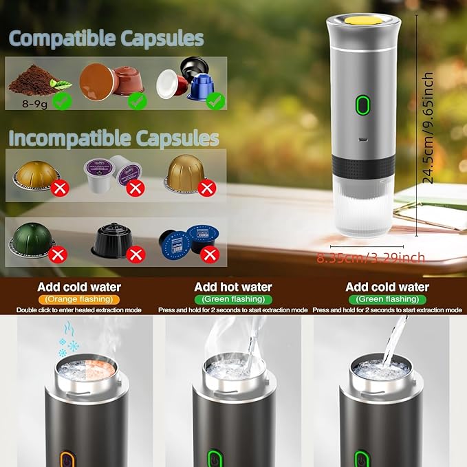 Mini Electric Espresso Coffee Machine Small Self-Heating Portable Car Coffee Maker with Capsule and Ground Coffee for Office RV Travel Camping Hiking (silver)