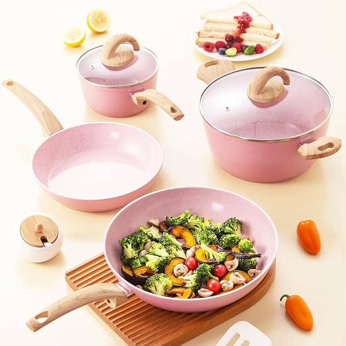 Non Stick Pots and Pans Set Healthy Ceramic Cookware Set 12pcs Kitchen Cooking Pots and Frying Sauce Saute Pans Set PFAS-Free with Kitchen Utensils and Lid Pink