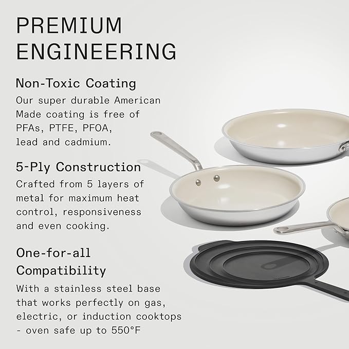 Made In Cookware - 3-Piece Ceramic Frying Pan Set with Universal Silicone Lid - 5 Ply Stainless Clad - Professional Cookware - Induction Compatible