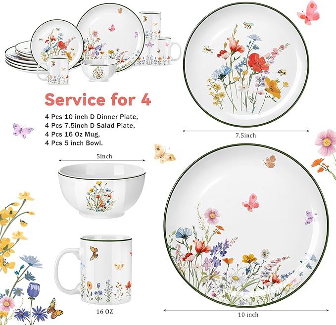 Pickmesh 16 Pcs Wildflower Ceramic Dinnerware Set for 4 Guest Floral Dish Set Spring Butterfly Dinner Plates Salad Plates Bowl Mug Kitchen Gift for Spring Kitchen Holiday Party Decoration