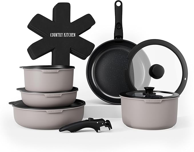 Country Kitchen Cookware Set with Removable Handle Oven &amp RV Safe Pots and Pans Set Grey/Black Original