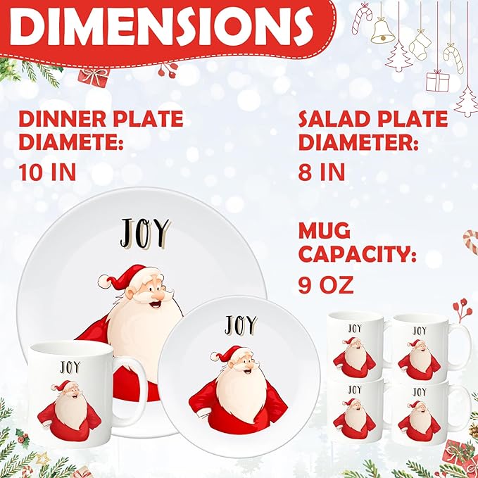12 Piece Christmas Melamine Dinnerware Set for 4 Guest 10 Dinner Plates 8 Salad Plates 9 oz Mug Shatterproof Xmas Dishes Gift for Home Party Festive Holiday Celebrations